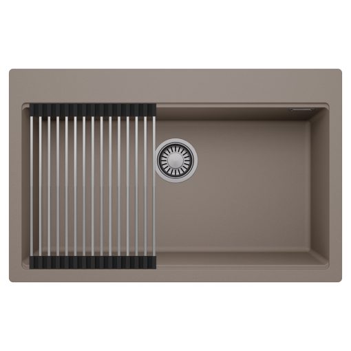 HD Infinity Tortora 78 egymedencés gránit mosogatótálca szett, acél csepegtetőráccsal, tortora színben, szálcsiszolt króm leeresztő szifonnal