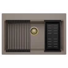 HD Infinity Tortora 78 egymedencés gránit mosogatótálca szett, matt fekete csepegtetőráccsal és kosárral, tortora színben, szálcsiszolt arany leeresztő szifonnal