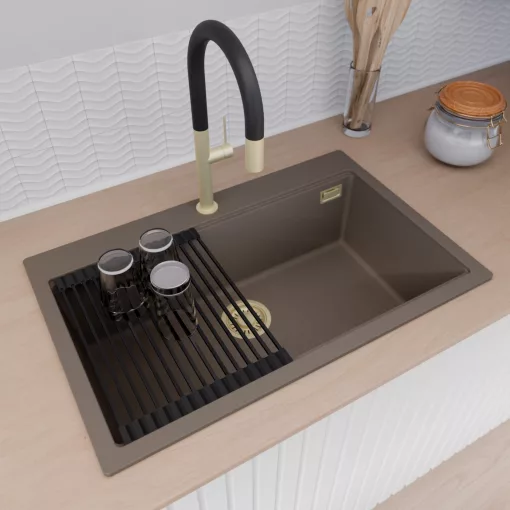HD Infinity Tortora 78 egymedencés gránit mosogatótálca szett, matt fekete csepegtetőráccsal és kosárral, tortora színben, szálcsiszolt arany leeresztő szifonnal