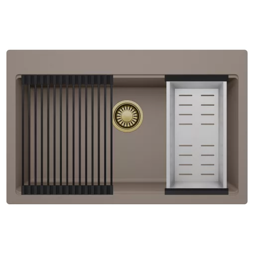 HD Infinity Tortora 78 egymedencés gránit mosogatótálca szett, matt fekete csepegtetőráccsal és krómozott kosárral, tortora színben, szálcsiszolt arany leeresztő szifonnal
