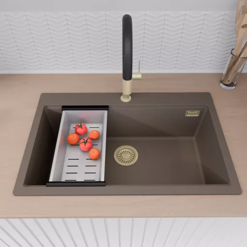 HD Infinity Tortora 78 egymedencés gránit mosogatótálca szett, matt fekete csepegtetőráccsal és krómozott kosárral, tortora színben, szálcsiszolt arany leeresztő szifonnal