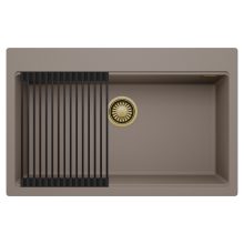 HD Infinity Tortora 78 egymedencés gránit mosogatótálca szett, matt fekete csepegtetőráccsal, tortora színben, szálcsiszolt arany leeresztő szifonnal