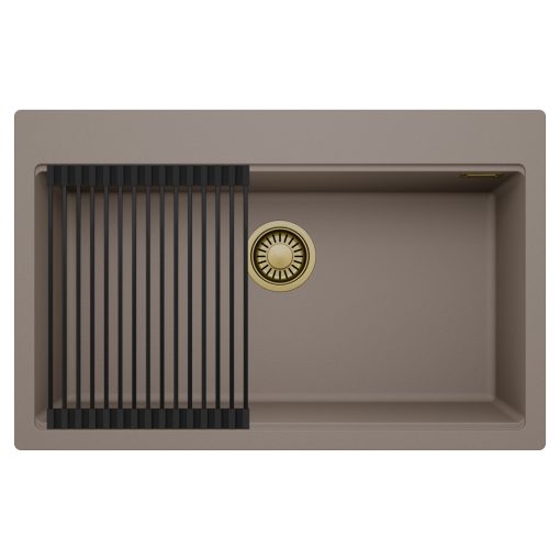 HD Infinity Tortora 78 egymedencés gránit mosogatótálca szett, matt fekete csepegtetőráccsal, tortora színben, szálcsiszolt arany leeresztő szifonnal