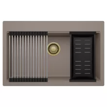 HD Infinity Tortora 78 egymedencés gránit mosogatótálca szett, acél csepegtetőráccsal és matt fekete kosárral, tortora színben, szálcsiszolt arany leeresztő szifonnal