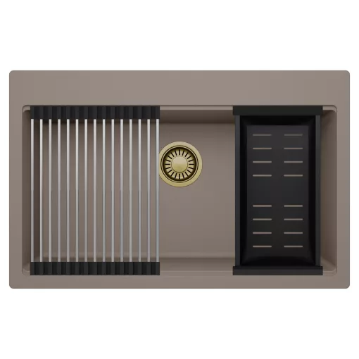 HD Infinity Tortora 78 egymedencés gránit mosogatótálca szett, acél csepegtetőráccsal és matt fekete kosárral, tortora színben, szálcsiszolt arany leeresztő szifonnal