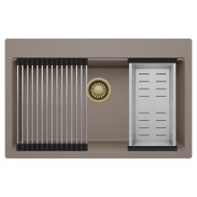 HD Infinity Tortora 78 egymedencés gránit mosogatótálca szett, acél csepegtetőráccsal és kosárral, tortora színben, szálcsiszolt arany leeresztő szifonnal