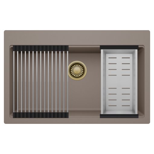 HD Infinity Tortora 78 egymedencés gránit mosogatótálca szett, acél csepegtetőráccsal és kosárral, tortora színben, szálcsiszolt arany leeresztő szifonnal
