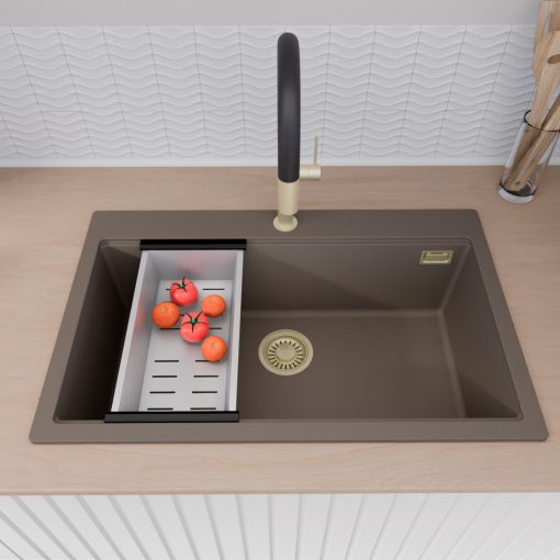 HD Infinity Tortora 78 egymedencés gránit mosogatótálca szett, acél csepegtetőráccsal és kosárral, tortora színben, szálcsiszolt arany leeresztő szifonnal