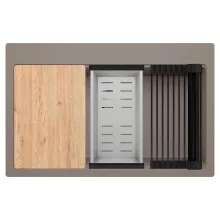 HD Infinity Tortora 78 egymedencés gránit mosogatótálca szett, vágódeszkával, matt fekete csepegtetőráccsal és krómozott kosárral, tortora színben, szálcsiszolt arany leeresztő szifonnal