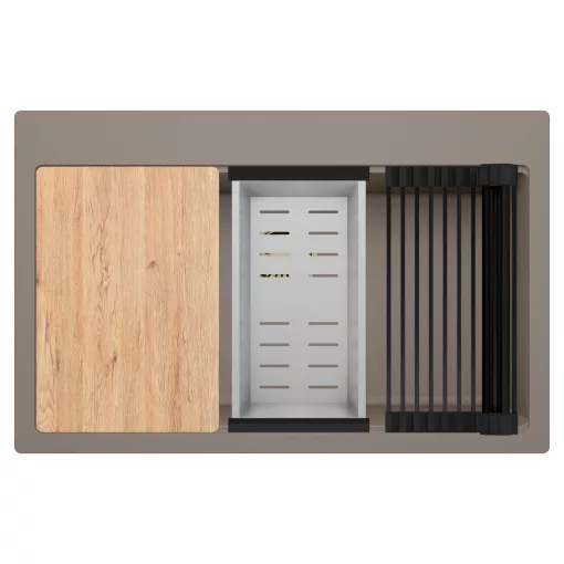 HD Infinity Tortora 78 egymedencés gránit mosogatótálca szett, vágódeszkával, matt fekete csepegtetőráccsal és krómozott kosárral, tortora színben, szálcsiszolt arany leeresztő szifonnal