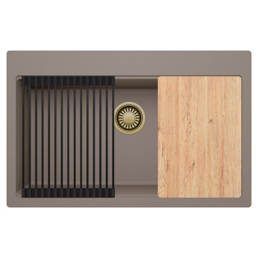 HD Infinity Tortora 78 egymedencés gránit mosogatótálca szett, vágódeszkával, matt fekete csepegtetőráccsal, tortora színben, szálcsiszolt arany leeresztő szifonnal
