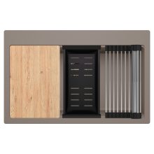 HD Infinity Tortora 78 egymedencés gránit mosogatótálca szett, vágódeszkával, acél csepegtetőráccsal és matt fekete kosárral, tortora színben, szálcsiszolt arany leeresztő szifonnal