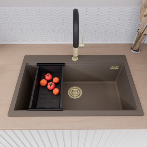 HD Infinity Tortora 78 egymedencés gránit mosogatótálca szett, vágódeszkával, acél csepegtetőráccsal és matt fekete kosárral, tortora színben, szálcsiszolt arany leeresztő szifonnal