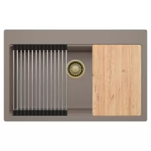 HD Infinity Tortora 78 egymedencés gránit mosogatótálca szett, vágódeszkával, acél csepegtetőráccsal, tortora színben, szálcsiszolt arany leeresztő szifonnal