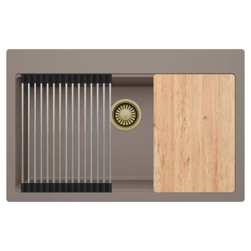 HD Infinity Tortora 78 egymedencés gránit mosogatótálca szett, vágódeszkával, acél csepegtetőráccsal, tortora színben, szálcsiszolt arany leeresztő szifonnal