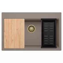 HD Infinity Tortora 78 egymedencés gránit mosogatótálca szett, vágódeszkával, matt fekete csepegtetőkosárral, tortora színben, szálcsiszolt arany leeresztő szifonnal