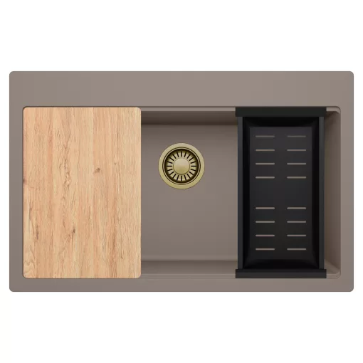 HD Infinity Tortora 78 egymedencés gránit mosogatótálca szett, vágódeszkával, matt fekete csepegtetőkosárral, tortora színben, szálcsiszolt arany leeresztő szifonnal