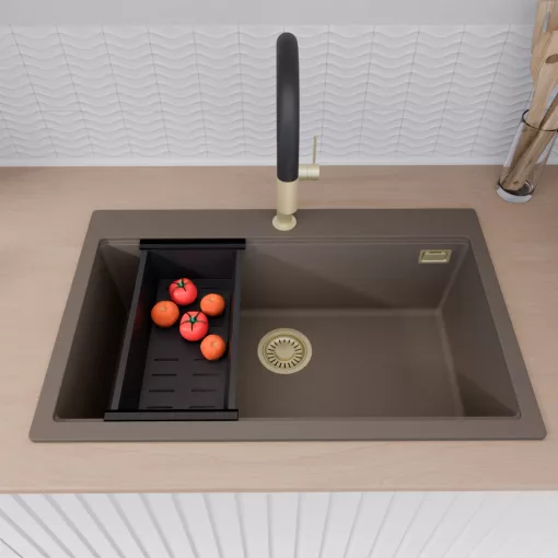 HD Infinity Tortora 78 egymedencés gránit mosogatótálca szett, vágódeszkával, matt fekete csepegtetőkosárral, tortora színben, szálcsiszolt arany leeresztő szifonnal