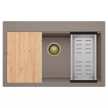 HD Infinity Tortora 78 egymedencés gránit mosogatótálca szett, vágódeszkával, acél csepegtetőkosárral, tortora színben, szálcsiszolt arany leeresztő szifonnal