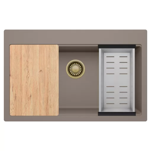 HD Infinity Tortora 78 egymedencés gránit mosogatótálca szett, vágódeszkával, acél csepegtetőkosárral, tortora színben, szálcsiszolt arany leeresztő szifonnal