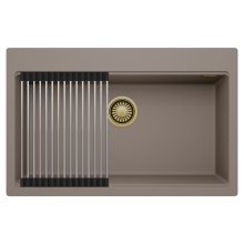 HD Infinity Tortora 78 egymedencés gránit mosogatótálca szett, acél csepegtetőráccsal, tortora színben, szálcsiszolt arany leeresztő szifonnal
