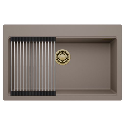 HD Infinity Tortora 78 egymedencés gránit mosogatótálca szett, acél csepegtetőráccsal, tortora színben, szálcsiszolt arany leeresztő szifonnal