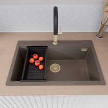 HD Infinity Tortora 78 egymedencés gránit mosogatótálca szett, matt fekete csepegtetőkosárral, tortora színben, szálcsiszolt arany leeresztő szifonnal