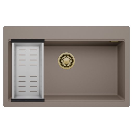 HD Infinity Tortora 78 egymedencés gránit mosogatótálca szett, acél csepegtetőkosárral, tortora színben, szálcsiszolt arany leeresztő szifonnal