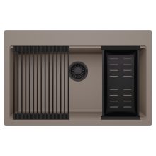 HD Infinity Tortora 78 egymedencés gránit mosogatótálca szett, matt fekete csepegtetőráccsal és kosárral, tortora színben, matt fekete leeresztő szifonnal