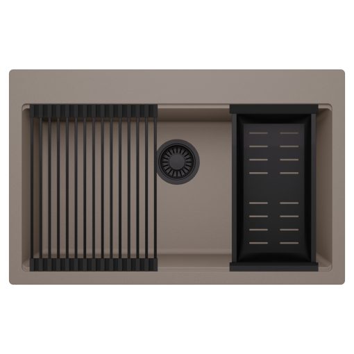 HD Infinity Tortora 78 egymedencés gránit mosogatótálca szett, matt fekete csepegtetőráccsal és kosárral, tortora színben, matt fekete leeresztő szifonnal