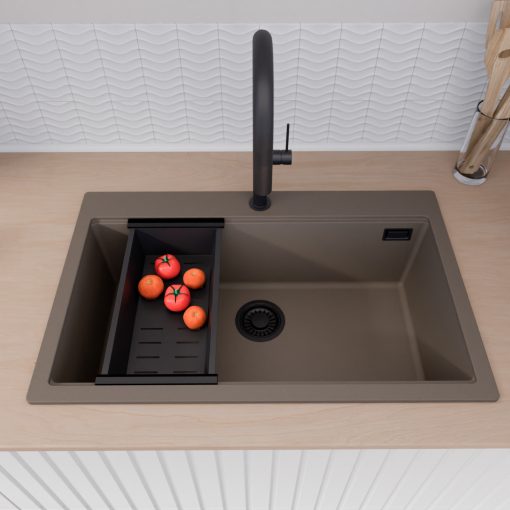 HD Infinity Tortora 78 egymedencés gránit mosogatótálca szett, matt fekete csepegtetőráccsal és kosárral, tortora színben, matt fekete leeresztő szifonnal