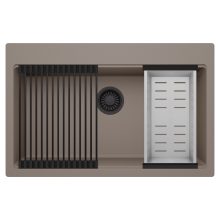 HD Infinity Tortora 78 egymedencés gránit mosogatótálca szett, matt fekete csepegtetőráccsal és krómozott kosárral, tortora színben, matt fekete leeresztő szifonnal