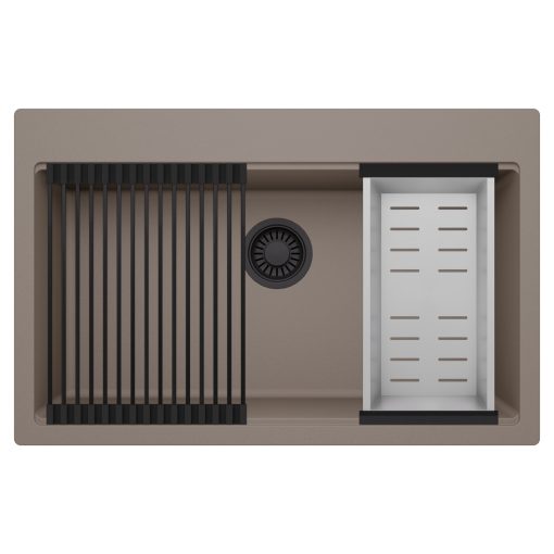 HD Infinity Tortora 78 egymedencés gránit mosogatótálca szett, matt fekete csepegtetőráccsal és krómozott kosárral, tortora színben, matt fekete leeresztő szifonnal