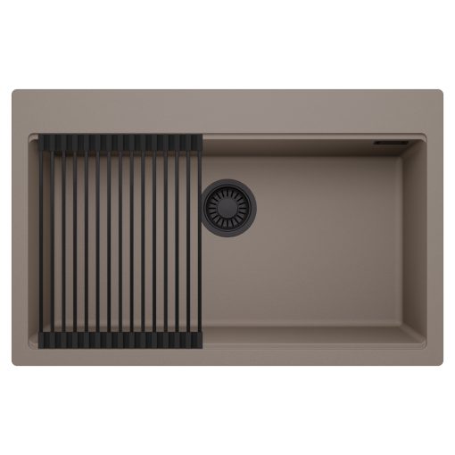 HD Infinity Tortora 78 egymedencés gránit mosogatótálca szett, matt fekete csepegtetőráccsal, tortora színben, matt fekete leeresztő szifonnal