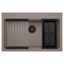 HD Infinity Tortora 78 egymedencés gránit mosogatótálca szett, acél csepegtetőráccsal és matt fekete kosárral, tortora színben, matt fekete leeresztő szifonnal