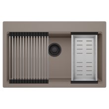 HD Infinity Tortora 78 egymedencés gránit mosogatótálca szett, acél csepegtetőráccsal és kosárral, tortora színben, matt fekete leeresztő szifonnal