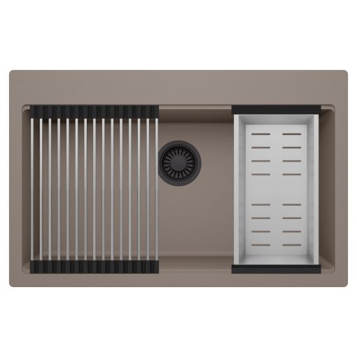 HD Infinity Tortora 78 egymedencés gránit mosogatótálca szett, acél csepegtetőráccsal és kosárral, tortora színben, matt fekete leeresztő szifonnal