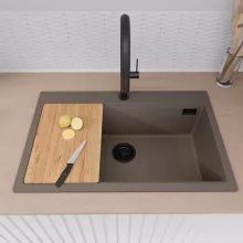 HD Infinity Tortora 78 egymedencés gránit mosogatótálca szett, vágódeszkával, matt fekete csepegtetőráccsal és kosárral, tortora színben, matt fekete leeresztő szifonnal