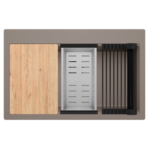 HD Infinity Tortora 78 egymedencés gránit mosogatótálca szett, vágódeszkával, matt fekete csepegtetőráccsal és krómozott kosárral, tortora színben, matt fekete leeresztő szifonnal