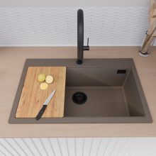 HD Infinity Tortora 78 egymedencés gránit mosogatótálca szett, vágódeszkával, matt fekete csepegtetőráccsal és krómozott kosárral, tortora színben, matt fekete leeresztő szifonnal