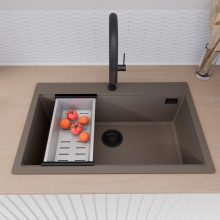 HD Infinity Tortora 78 egymedencés gránit mosogatótálca szett, vágódeszkával, matt fekete csepegtetőráccsal és krómozott kosárral, tortora színben, matt fekete leeresztő szifonnal