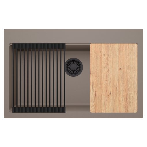 HD Infinity Tortora 78 egymedencés gránit mosogatótálca szett, vágódeszkával, matt fekete csepegtetőráccsal, tortora színben, matt fekete leeresztő szifonnal
