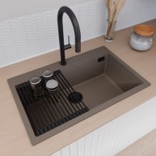 HD Infinity Tortora 78 egymedencés gránit mosogatótálca szett, vágódeszkával, matt fekete csepegtetőráccsal, tortora színben, matt fekete leeresztő szifonnal