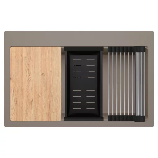 HD Infinity Tortora 78 egymedencés gránit mosogatótálca szett, vágódeszkával, acél csepegtetőráccsal és matt fekete kosárral, tortora színben, matt fekete leeresztő szifonnal