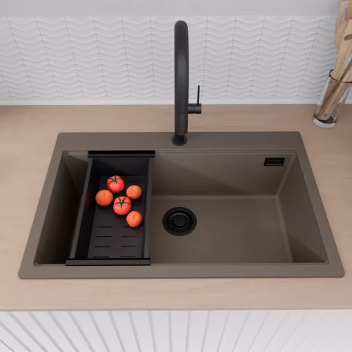 HD Infinity Tortora 78 egymedencés gránit mosogatótálca szett, vágódeszkával, acél csepegtetőráccsal és matt fekete kosárral, tortora színben, matt fekete leeresztő szifonnal
