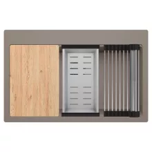 HD Infinity Tortora 78 egymedencés gránit mosogatótálca szett, vágódeszkával, acél csepegtetőráccsal és kosárral, tortora színben, matt fekete leeresztő szifonnal