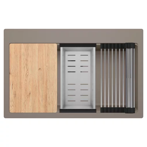 HD Infinity Tortora 78 egymedencés gránit mosogatótálca szett, vágódeszkával, acél csepegtetőráccsal és kosárral, tortora színben, matt fekete leeresztő szifonnal