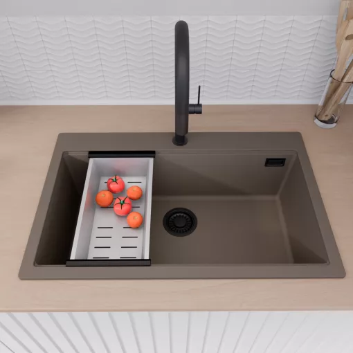 HD Infinity Tortora 78 egymedencés gránit mosogatótálca szett, vágódeszkával, acél csepegtetőráccsal és kosárral, tortora színben, matt fekete leeresztő szifonnal