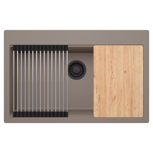 HD Infinity Tortora 78 egymedencés gránit mosogatótálca szett, vágódeszkával, acél csepegtetőráccsal, tortora színben, matt fekete leeresztő szifonnal