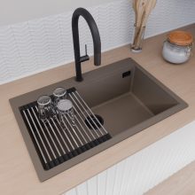 HD Infinity Tortora 78 egymedencés gránit mosogatótálca szett, vágódeszkával, acél csepegtetőráccsal, tortora színben, matt fekete leeresztő szifonnal